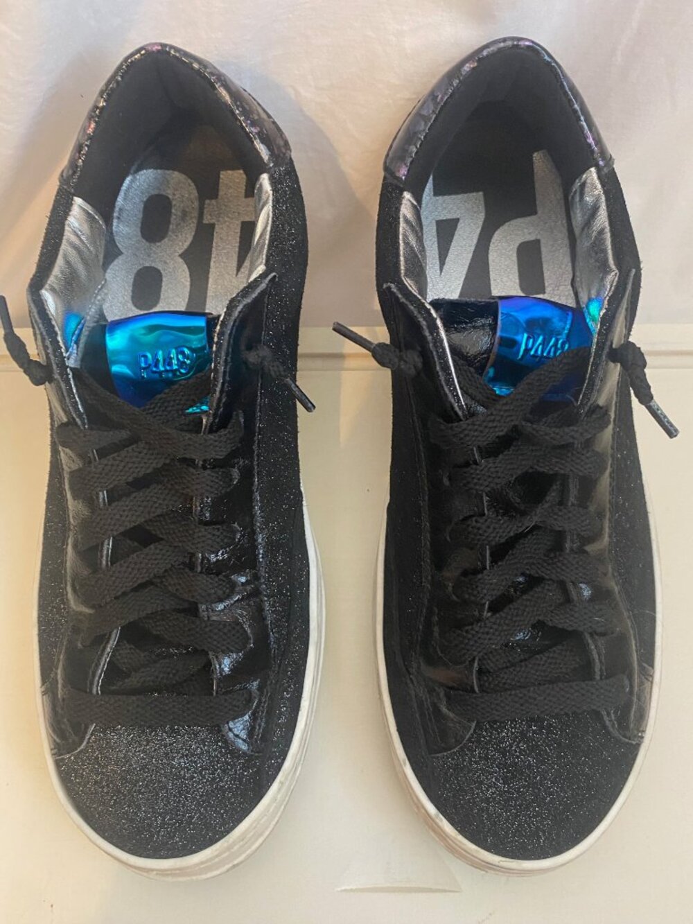 P448 John Black Silver Glitter Leather Sneakers Low Top Women's 7 - Picture 5 of 10
